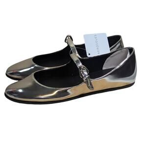 Aerosoles Perry Mary Jane Flat in Silver Mirror Metallic Faux Leather sz 8